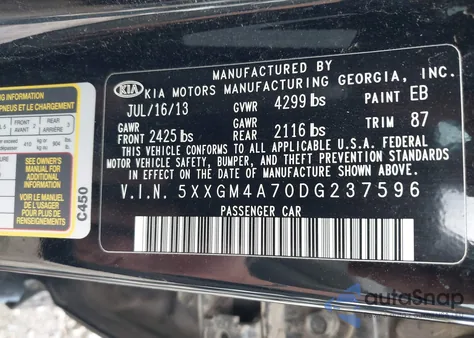 2013 Kia Optima Lx from USA, damaged, VIN 5XXGM4A70DG237596